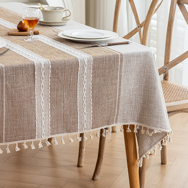 Mantel de comedor de lino y algodón de imitación de estilo japonés, mantel impermeable de lujo ligero y de alta gama, mesa de centro a rayas literarias, tela de tela