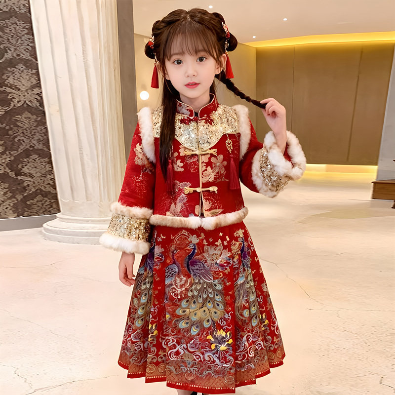 女童汉服新中式儿童马面裙套装冬装2026新款女孩国风新年装拜年服