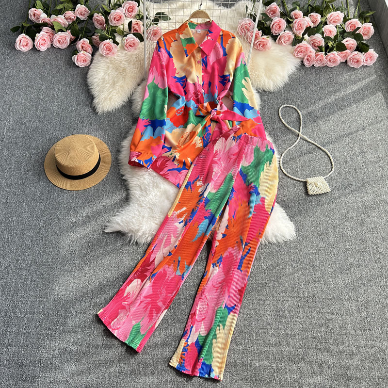 Women's Clothing Fashion suit women's casual loose long sleeved single breasted shirt two piece set high slimming tie dye printed wide leg pants_voghion.com
