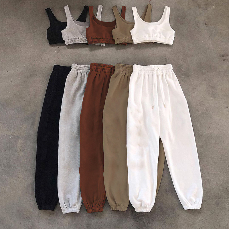 European and American step-in women's cropped vest ankle-tied trousers sports casual fashion sports home two-piece suit European and American step-in women's cropped vest ankle-tied trousers sports casual fashion sports home two-piece suit