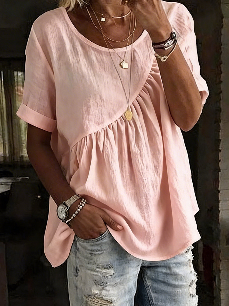 Women's Solid Color Ruffle Detail Short Sleeve T-Shirt round Neck Blouse Casual Outfit with Shirring_ecoleips.com