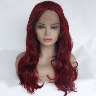 Peluca europea y americana, cabello rizado rojo, fibra química, encaje delantero, gancho de media mano, casco, cabello largo y rizado LW0115