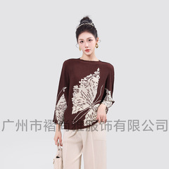 厂家直供2025秋季新款蝴蝶印花时尚百搭气质休闲显瘦褶皱宽松上衣