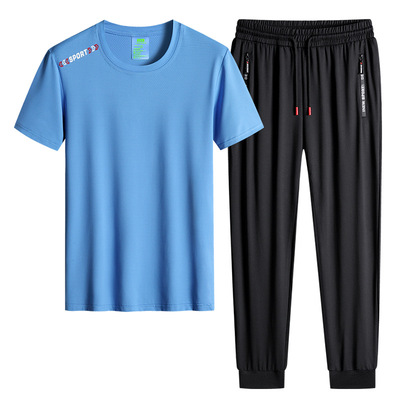 运动休闲套装男夏季薄款男士健身两件套潮流冰丝弹力运动服套装男