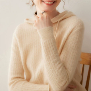 麻花纯羊绒衫女加厚连帽秋冬新款针织衫绞花帽衫高端宽松毛衣卫衣