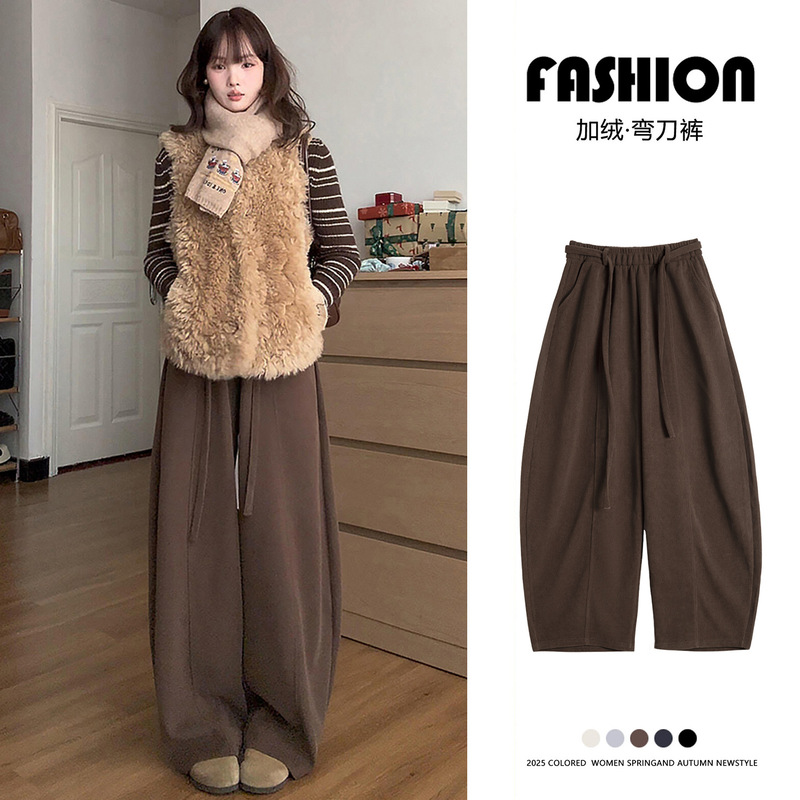 Brown Corduroy Curved Hem Pants for Women 2026 New Spring and Autumn Loose Straight Pants Melard Style Lazy Casual Wide-Leg Pants Brown Corduroy Curved Hem Pants for Women 2026 New Spring and Autumn Loose Straight Pants Melard Style Lazy Casual Wide-Leg Pants