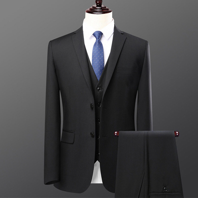 Bộ vest nam hai mảnh dáng ôm, áo vest cổ bẻ phẳng một hàng cúc, lễ phục cưới và đi làm — Bộ áo và quần một cúc màu xanh navy, Bộ đồ hai cúc màu xanh tím than (áo + quần), Bộ đồ hai cúc màu xám (áo + quần), Bộ đồ màu xám một cúc (áo + quần)