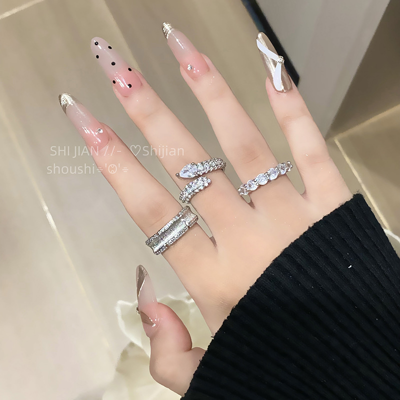 中古風高級質感拉絲寬版小眾設計蛇形閃鑽輕奢時尚百搭極簡食指戒