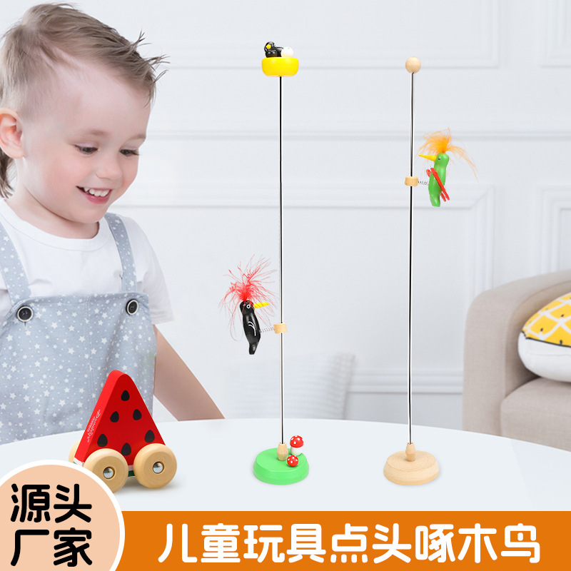 DIY Handmade Primary Color Double Woodpecker Wooden Simple and Cute Office Decompression Ornaments Educational Educational Toys