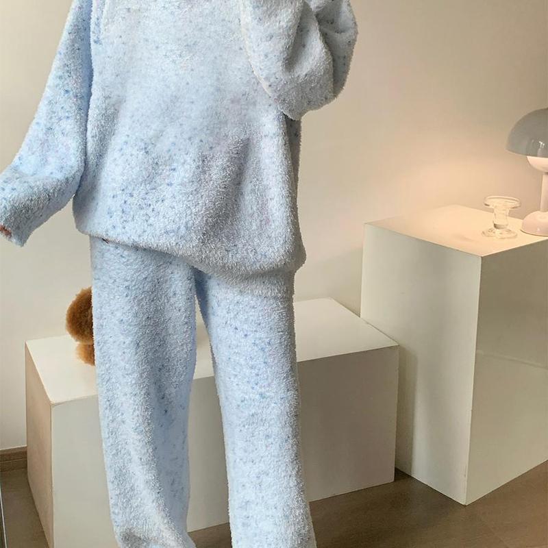 韩版冬天少女纯色睡衣女冬季新款半边绒保暖家居服加绒针织套装冬|undefined