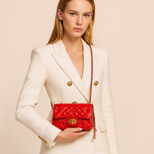 头层牛皮红色菱格纹真皮小香风链条包女士时尚金色锁扣压纹斜挎包