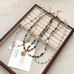 天然石ターコイズシェルパールビーズネックレスレディースハイエンドライトラグジュアリーニッチデザインスタック鎖骨チェーン