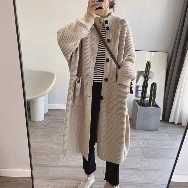 厚实软糯慵懒风粗针毛衣开衫女设计感小众高领中长款针织大外套|undefined