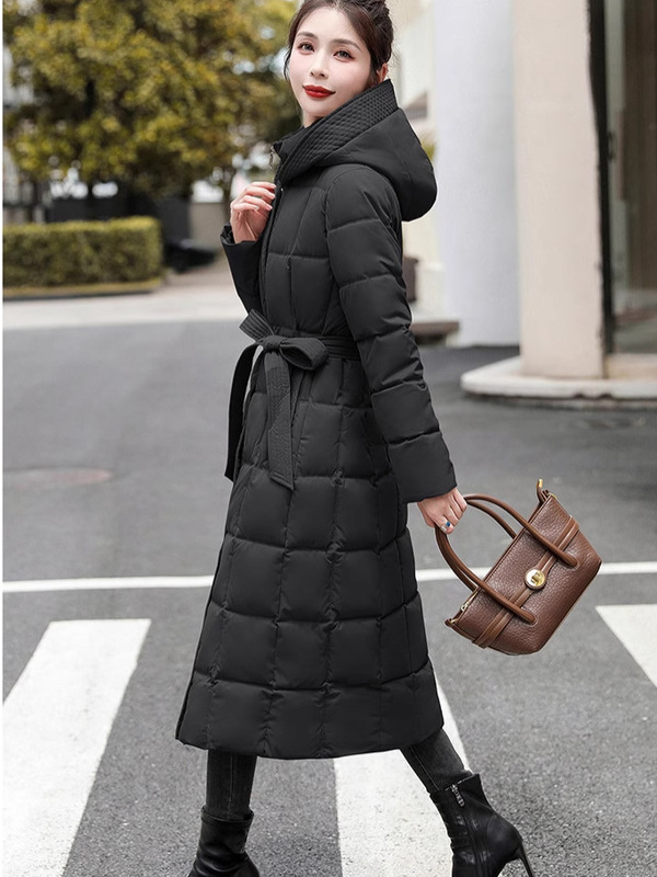 冬季新款时尚格纹羽绒棉服加长款修身收腰棉衣加厚百搭过膝外套女|undefined