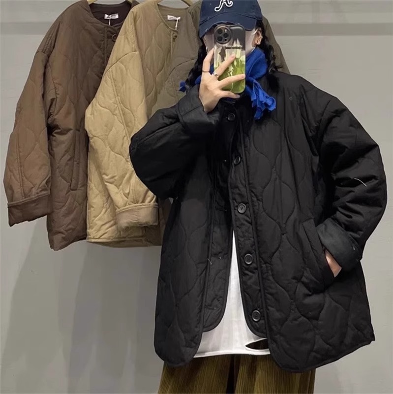 ピックアップ漏れ ~ 日系菱格綿ジャケット女性秋冬ゆるい保温薄手ダウン綿服コートAAAA