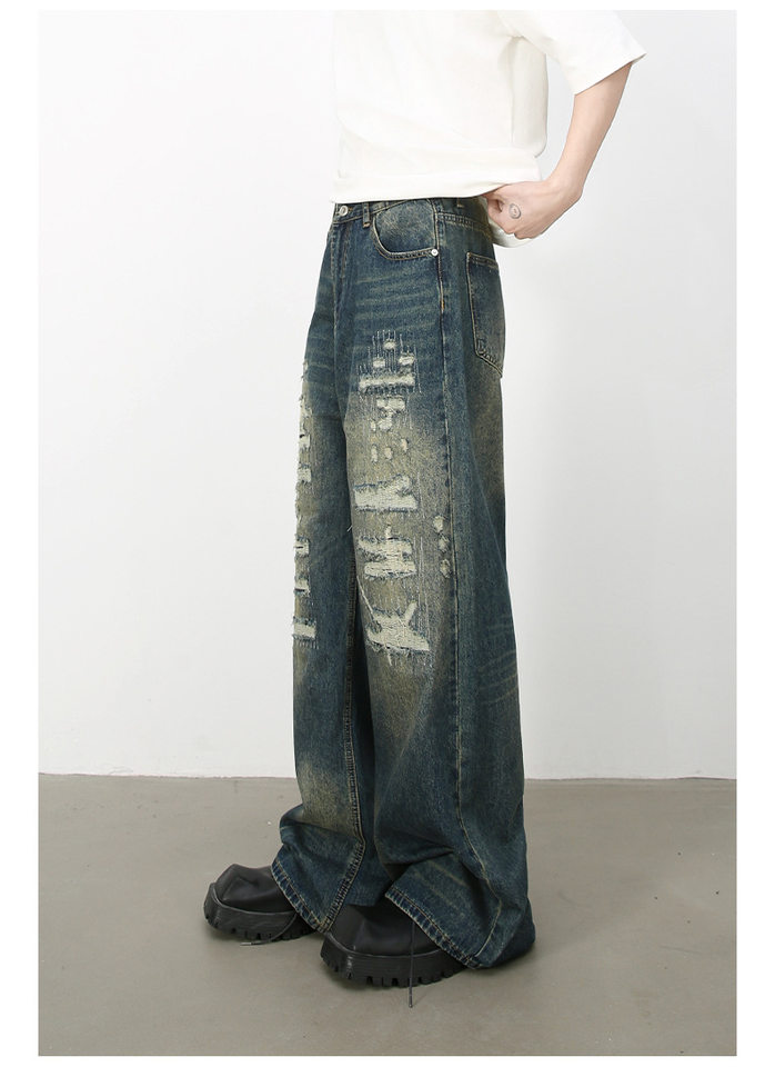 Quần jean nam ống rộng denim rách giặt cũ phong cách đường phố — Màu xanh lam, Đen xám chi tiết 8