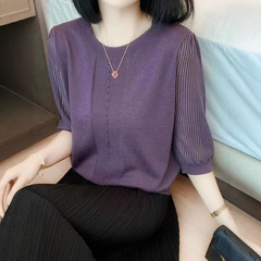 女性用ラウンドネック七分袖ビーズセーター、夏の新しいハイエンドスタイルのTシャツ、ゆったりとした肉感のある薄手のトップス