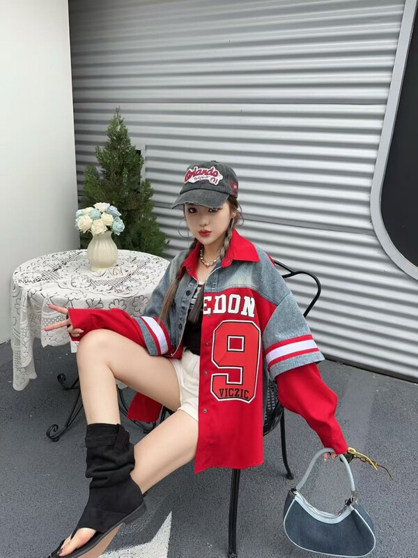 Shirt Women's Denim Splicing Contrasting Letters Casual Versatile Loose Slimming Fake Two-Piece Shirt Jacket