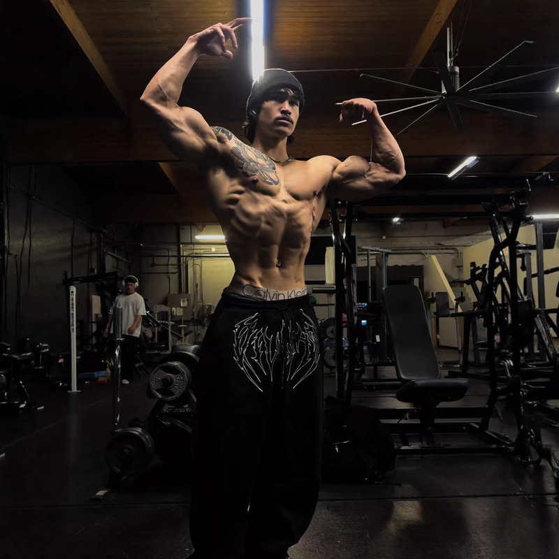 2026 New American-Style Fitness Pants Jogger Cotton Terry Printed Wide-Leg Long Pants