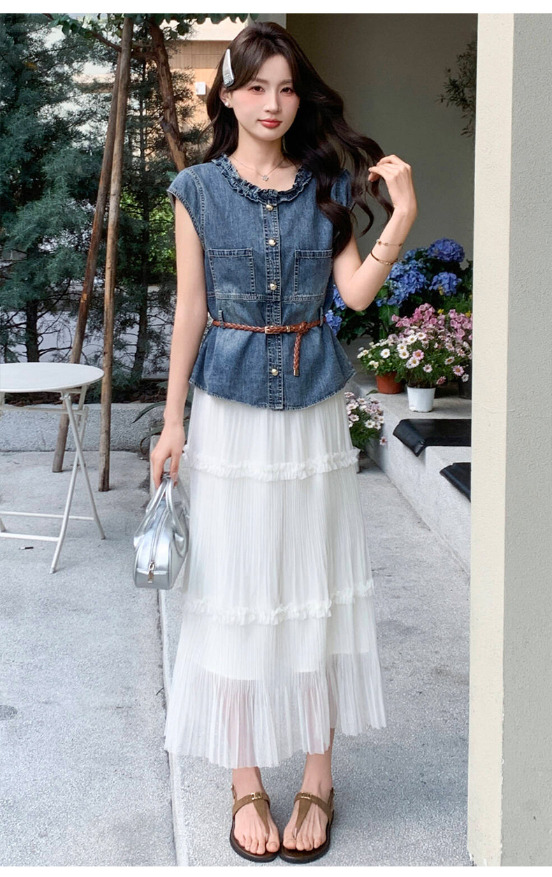 Bộ yếm quần denim không tay kết hợp chân váy ngắn nữ 2 món mùa hè 2026 — Màu ảnh chi tiết 7