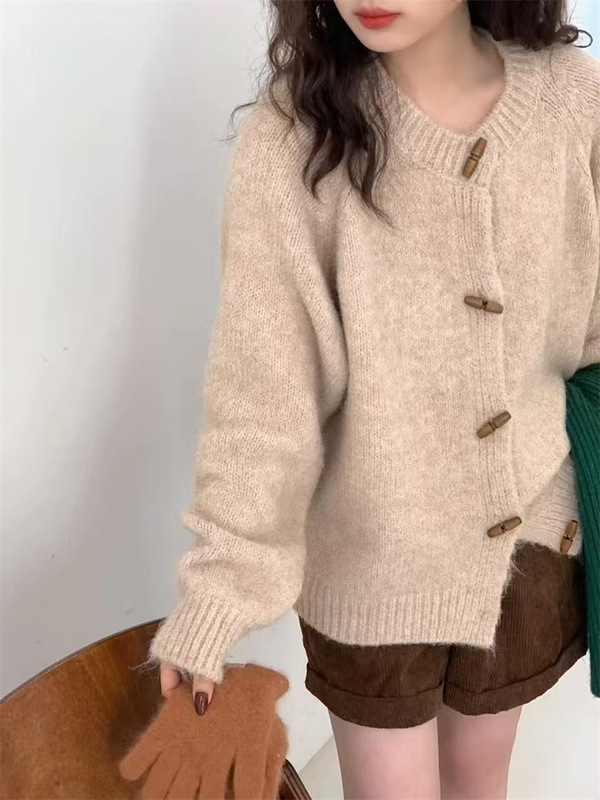 温柔风圆领牛角扣针织开衫女2025秋冬新款宽松软糯百搭毛衣外套潮|undefined