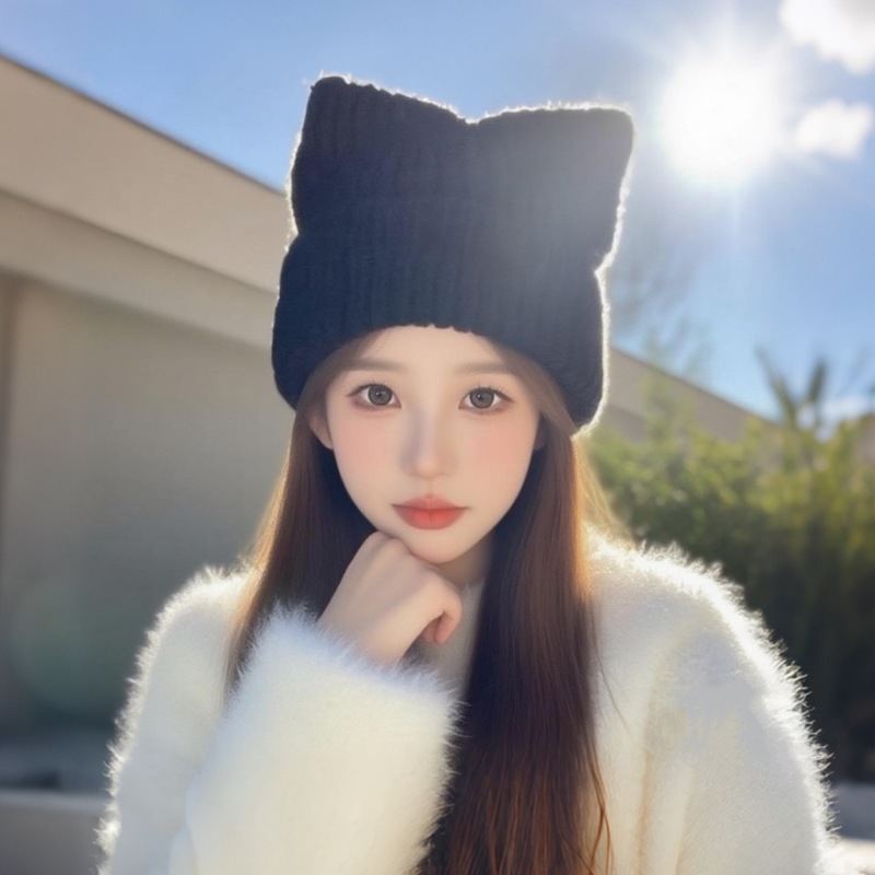 毛线帽秋冬款猫耳朵针织帽百搭显脸小套头帽保暖防寒加厚护耳帽子|undefined