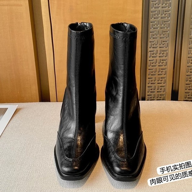 现货2025秋冬新款欧美瘦瘦靴高跟粗跟短靴女软面马丁靴气质弹力靴|undefined