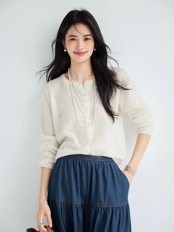 伊*L女装2025秋季新品羊毛百搭针织开衫镂空上衣女1G8932141|undefined