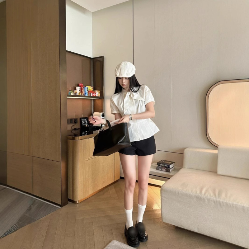 Shenzhen Nanyou Classy Original Cd Home 25 Spring and Summer Collar Lace-Up Bow Design Hem Pleated White Shirt Shenzhen Nanyou Classy Original Cd Home 25 Spring and Summer Collar Lace-Up Bow Design Hem Pleated White Shirt