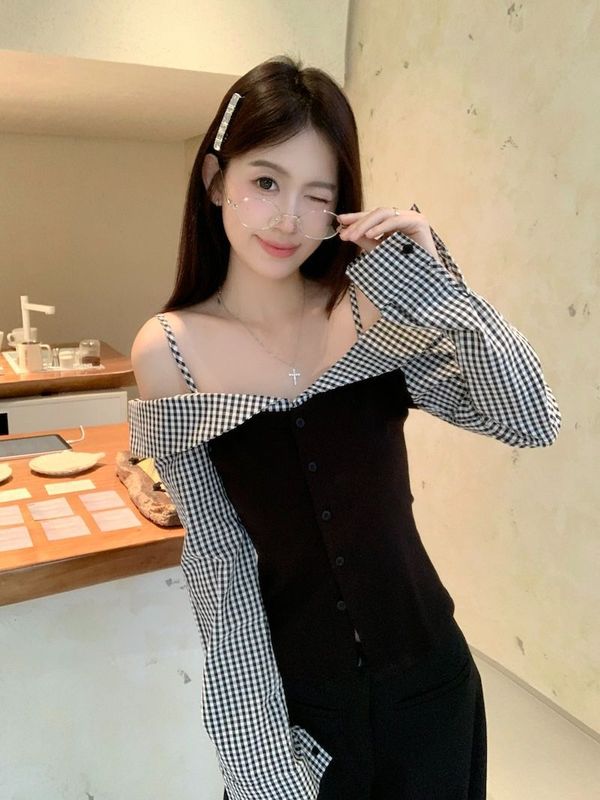 气质温柔风假两件设计格子拼接T恤女2025年新款辣妹修身百搭上衣|undefined