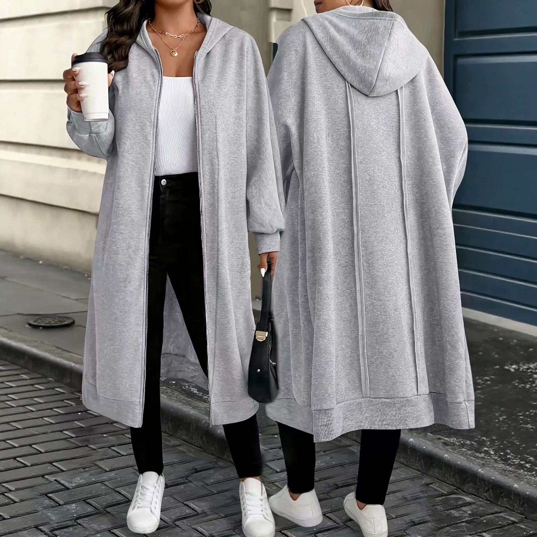 In stock 2026 Fall/Winter New European and American Amazon Tmu Plus Size Women's Long Hoodie Casual Jacket