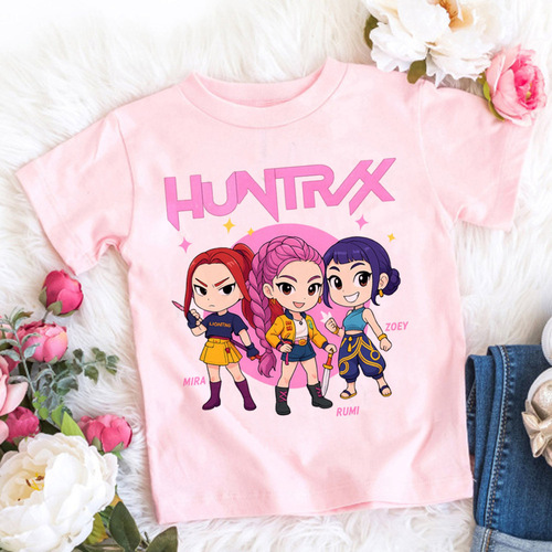 Kpop Demon Hunter T-shirt, children's cartoon anime meme print clothes, round collar basic boy's top casual