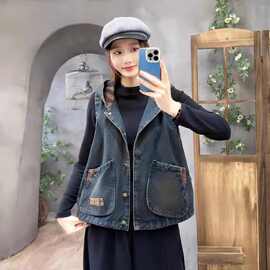 连帽牛仔马甲女春秋复古印花大口袋显瘦背心休闲短款开衫上衣外套
