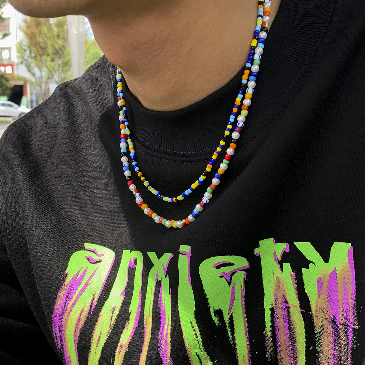 Collier Bohème Homme Avec Perles De Rocailles Multicolores_voghion.com