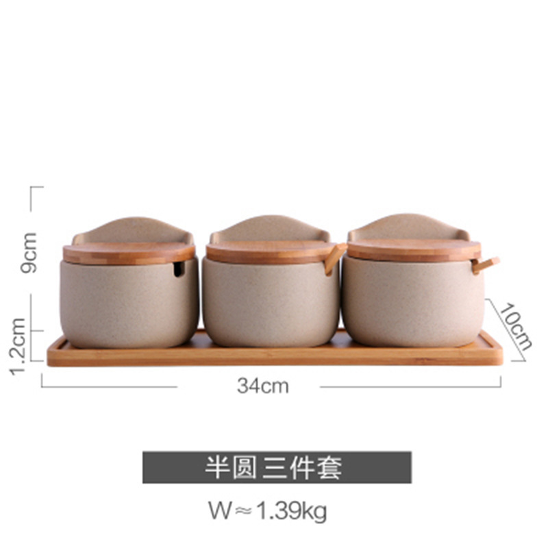 厂家日式创意简约竹盖养身陶调味罐厨房调味调料盒3件糖盐罐三件|undefined