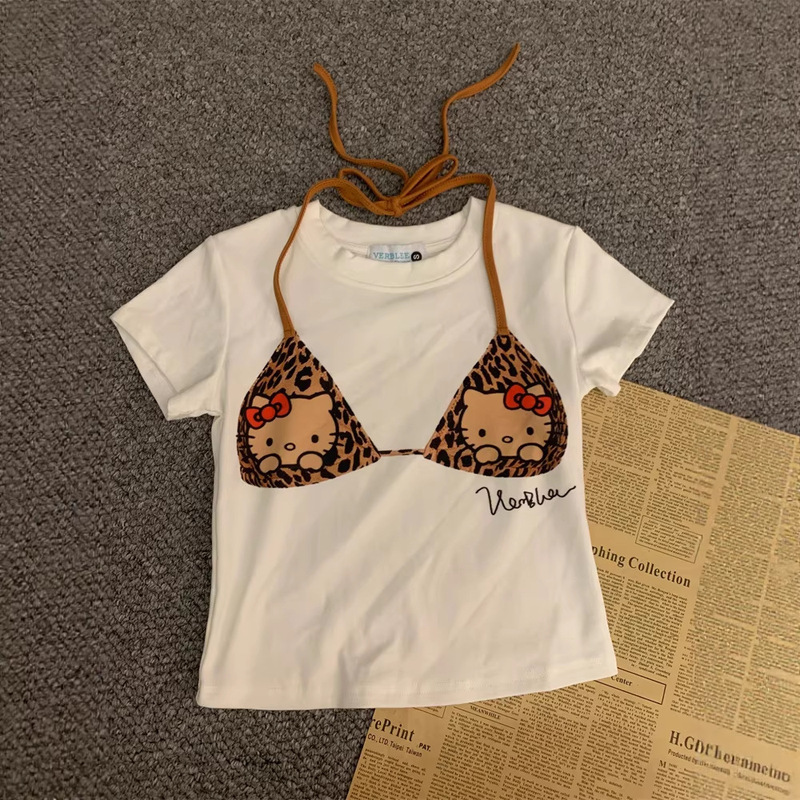 American-Style Leopard Print Cute Faux Two-Piece Halter Neck Short-Sleeve T-Shirt for Women, Summer Design, Trendy Slim-Fit Top American-Style Leopard Print Cute Faux Two-Piece Halter Neck Short-Sleeve T-Shirt for Women, Summer Design, Trendy Slim-Fit Top