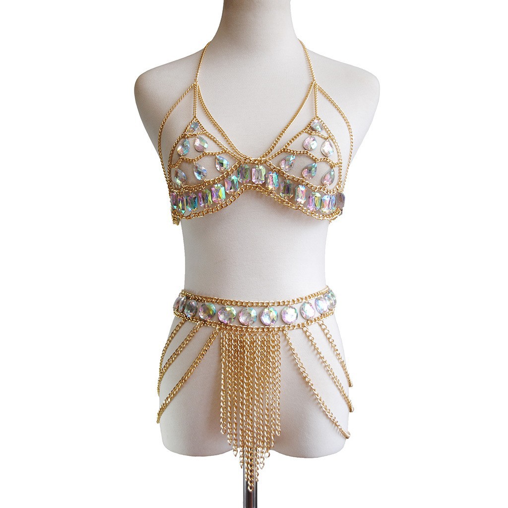 Europa y América transfronteriza nuevos accesorios sexy playa de color a juego sin respaldo sujetador cuerpo cadena traje multi-capa borla cadena de la cintura