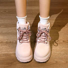 回力粉色2025新款小个子马丁靴子女高帮秋冬爆款中筒增高工装靴潮
