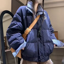 【原版做工】棉服女年拼接格子加厚韩系宽松棉衣棉袄藏青色
