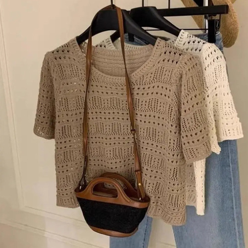 Crochet Hollowed-Out Short-Sleeve Women's Summer Design-Driven Niche Top: Lightweight, Solid-Color Knitted Blouse—A Trendy Choice