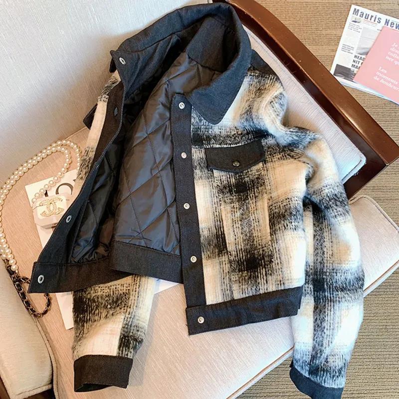 Black and white plaid wool small fragrance jacket for women 2025 autumn and winter new cotton vintage casual short thickened jacket