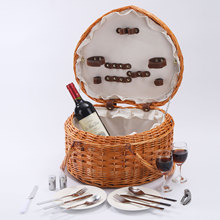 亞馬遜藤編心形野餐籃提手柳條收納筐含刀叉餐具戶外野炊籃藤編籃
