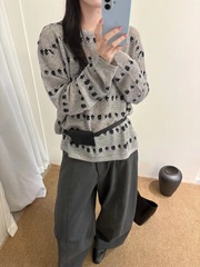 欧货2025早秋新款圆领小花提花羊毛针织衫女宽松显瘦百搭长袖上衣