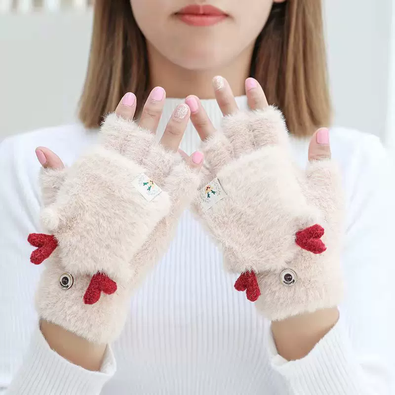秋冬保暖手套批发女可爱保暖加厚防寒学生针织毛线可触屏半指手套