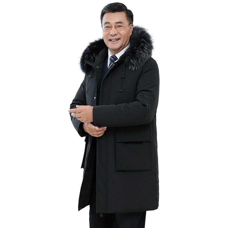 New Mid-Length Thickeneded Warm Real Fur Collar Middle-Aged and Elderly Men's Dad's White Duck down Jacket Grandpa's Jacket