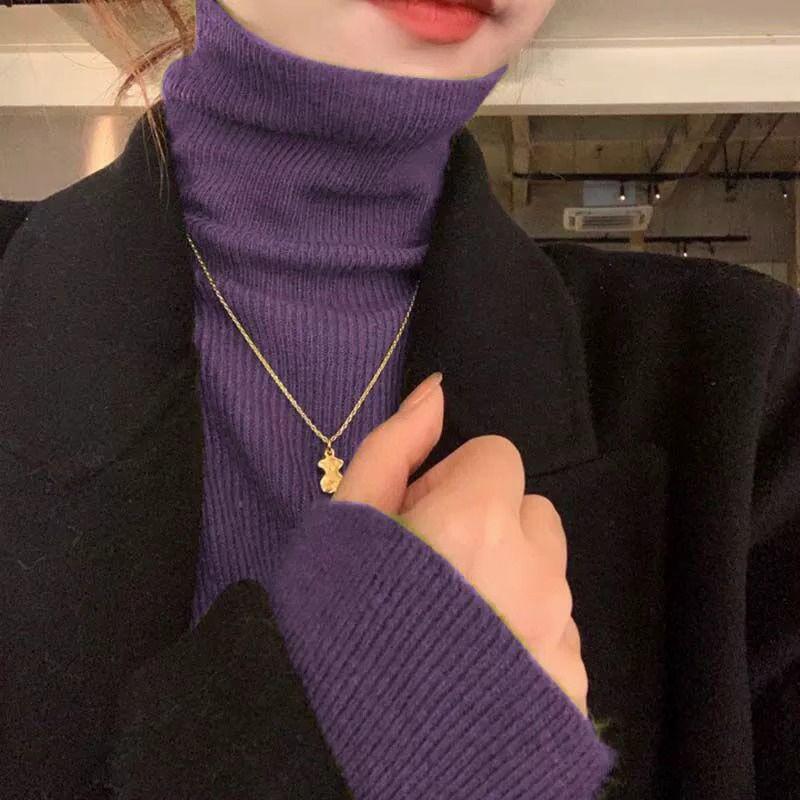 Turtleneck Slim Bottoming Shirt for Women in Autumn and Winter with Pile Collar Knitwear Purple Top 2025 New Knitted Knitwear Casual Turtleneck Slim Bottoming Shirt for Women in Autumn and Winter with Pile Collar Knitwear Purple Top 2025 New Knitted Knitwear Casual