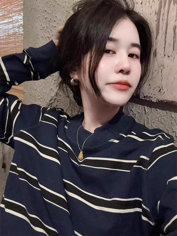 小个子藏蓝色条纹圆领无帽卫衣女早秋季美式慵懒chic宽松短款上衣|undefined