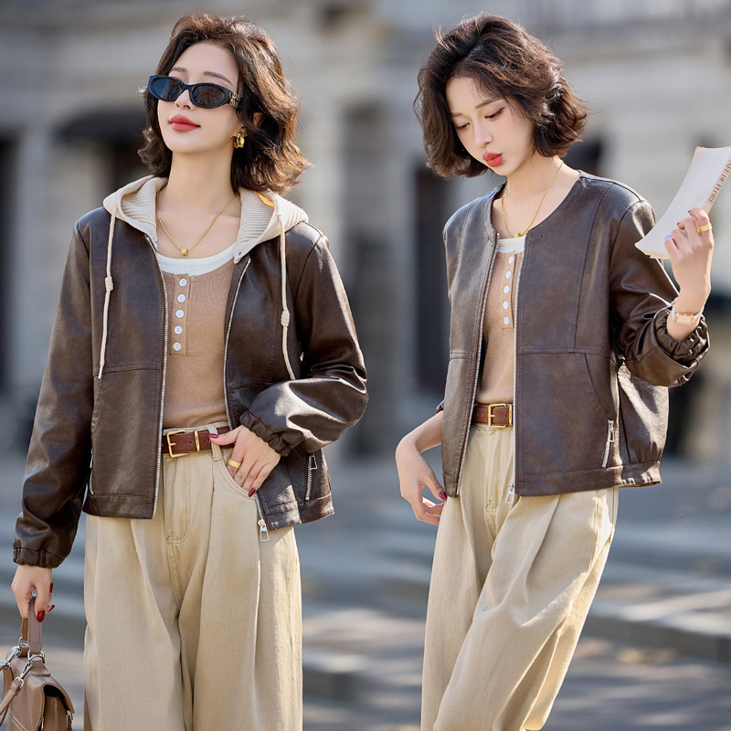 Removable Hat Casual Leather Jacket Large Quantity in Stock 2025 Spring Women's New Women's Leather Jacket Hz0602