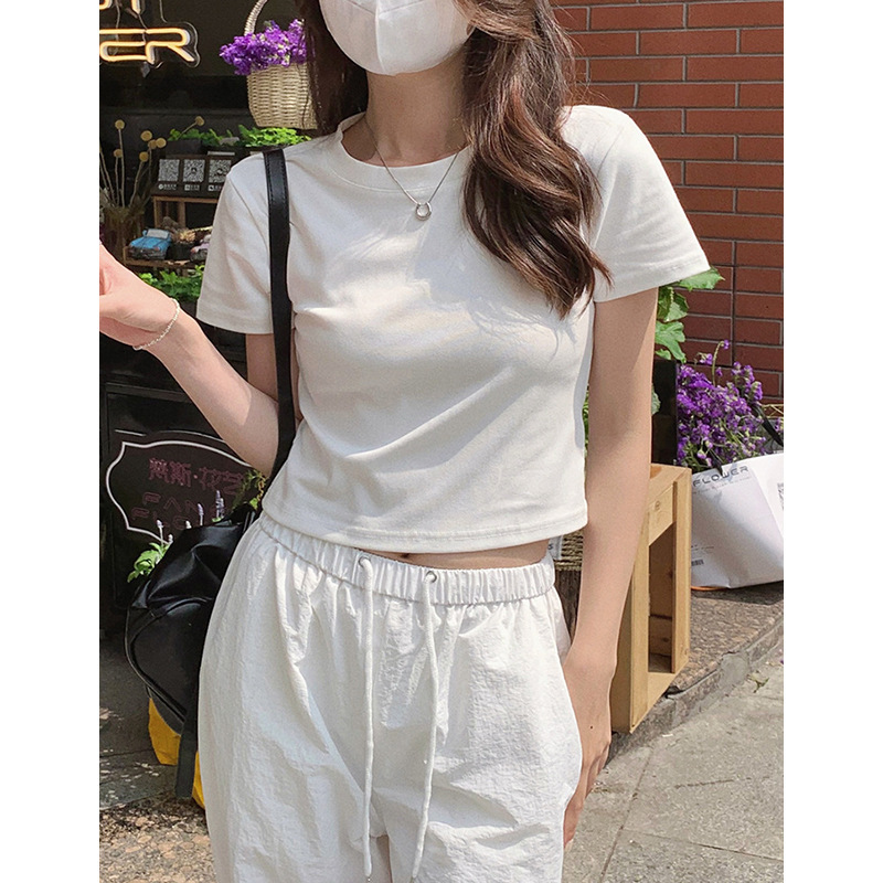 White Basic Straight-Shoulder Short-Sleeve T-Shirt for Women, Summer Slim-Fit Versatile Short Top White Basic Straight-Shoulder Short-Sleeve T-Shirt for Women, Summer Slim-Fit Versatile Short Top