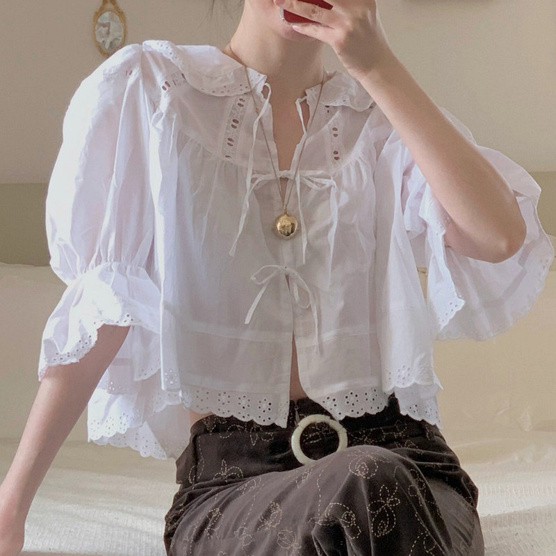 French Lace White Shirt for Women, 2025 Summer New Style, Very Beautiful, Trendy Short Top This Year French Lace White Shirt for Women, 2025 Summer New Style, Very Beautiful, Trendy Short Top This Year